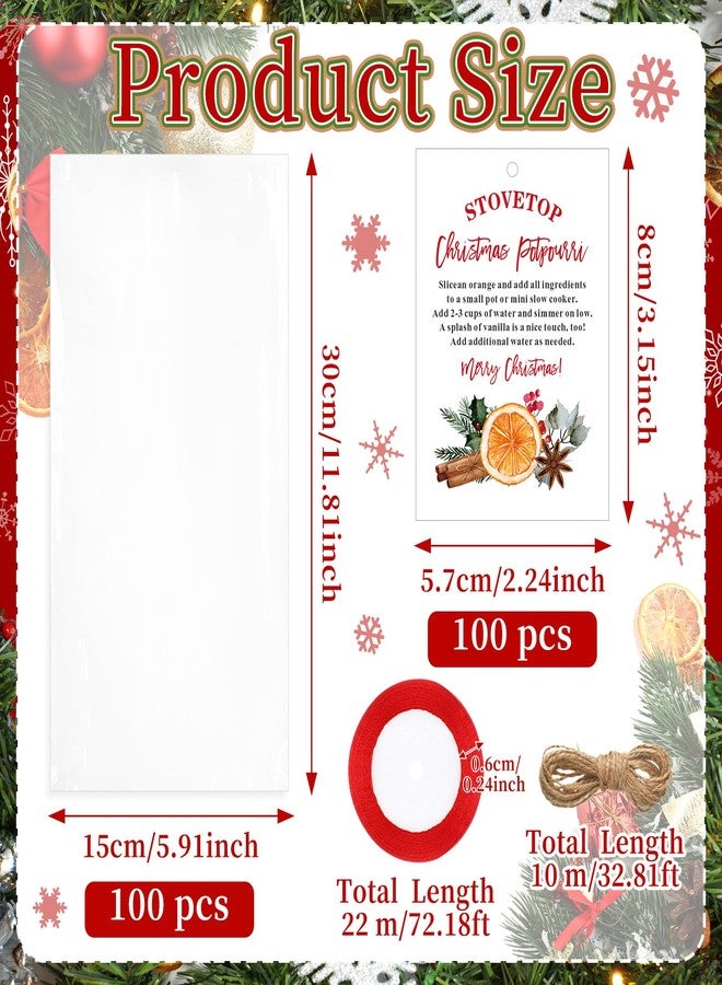 Tinlade 100 Set 202 Pcs Christmas Potpourri Gift Bag Bulk with Tag Red Ribbon Rope Clear Plastic Simmer Bags Cellophane Stovetop Holiday DIY Simmer Instruction Present Kit for Party Favor Gift - Image 3